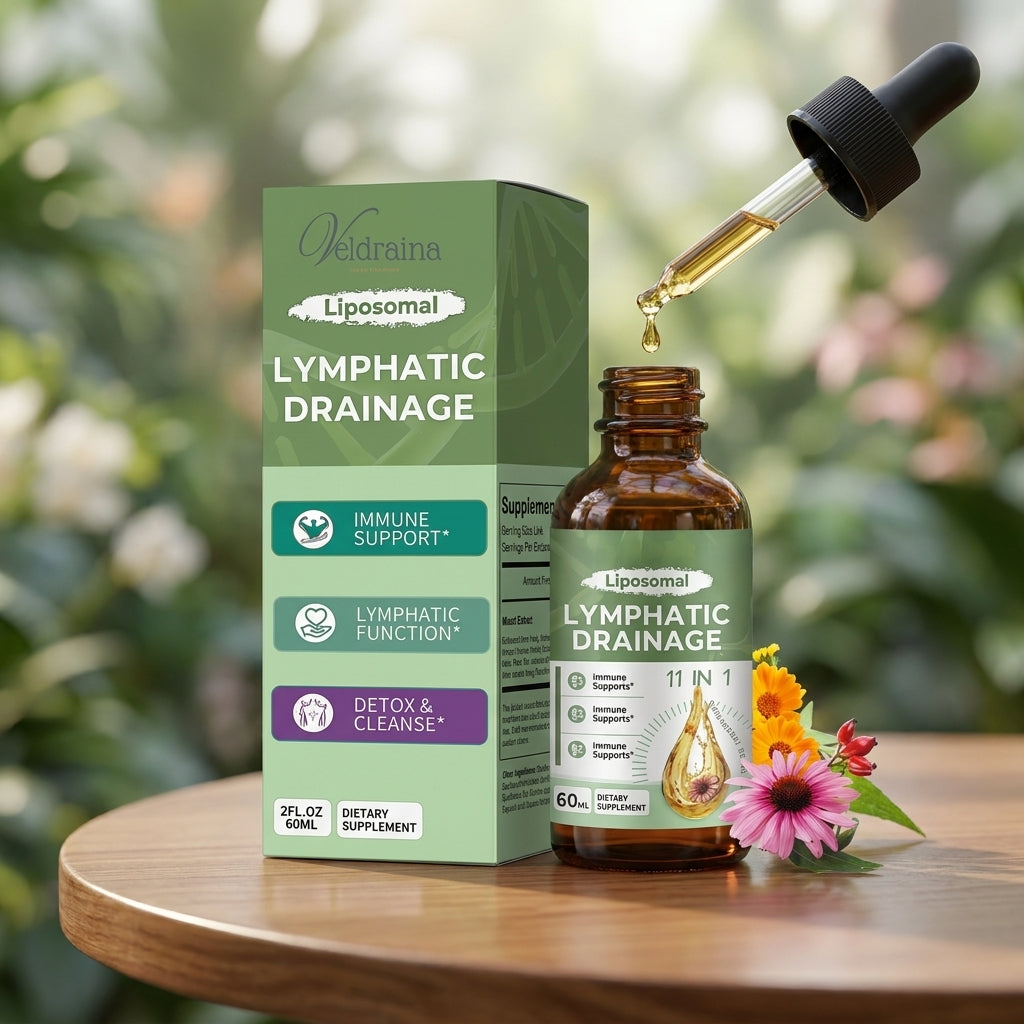 Veldraina Liposomal Lymphatic Drainage Drops bottle with herbal ingredients